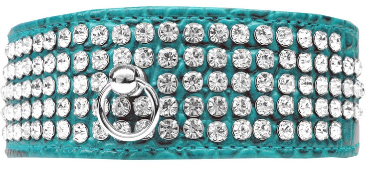 Mirage 5 Row Rhinestone Designer Croc Dog Collar Turquoise Size 12